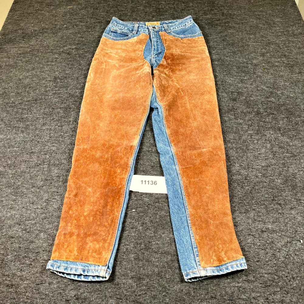 Ruff Hewn Western Chaps Denim Jeans Womens 6 Brown Blue Cowboy Cut Straight Leg